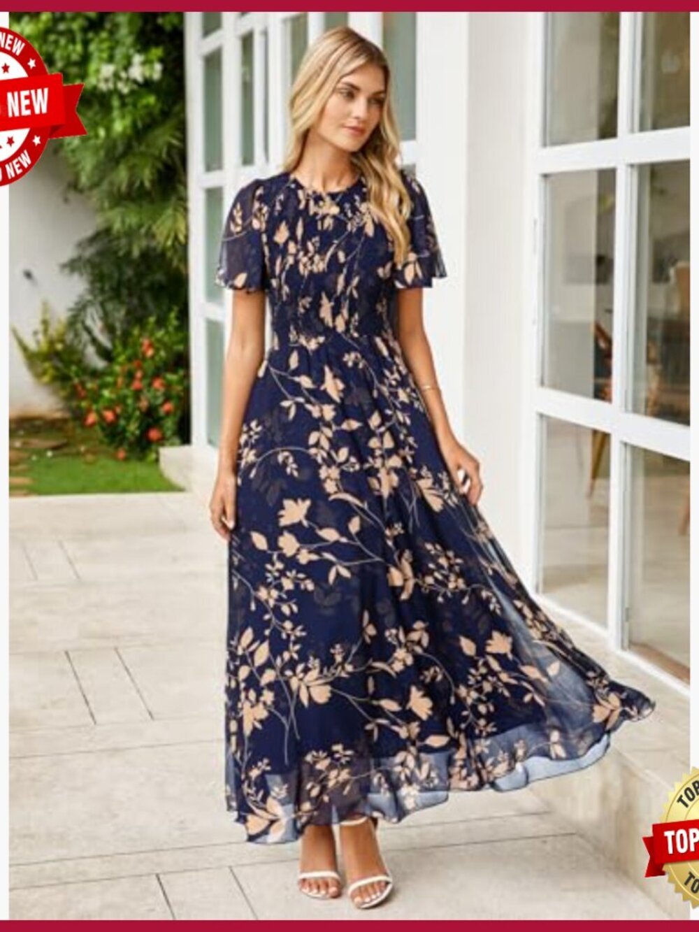 Summer Maxi Dress Floral Boho Flowy Chiffon Smocked Top Short Sleeve - Picture 6 of 7